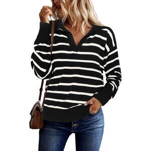 Women Striped Sweater Polo V Neck Long Sleeve Loose Sweater Knit Pullover Top